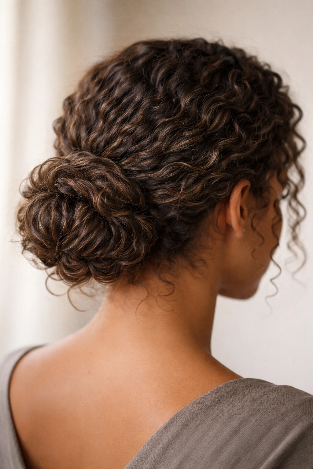 Close-up of a textured low bun protecting dry curls at the nape with visible curl pattern
