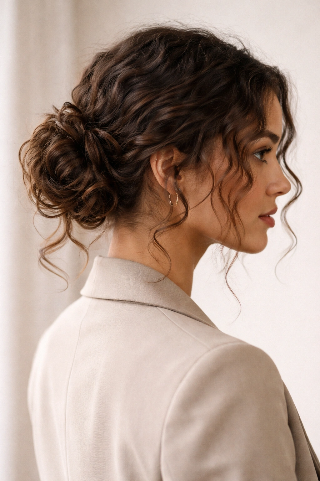 Low nape bun with loose face-framing curls