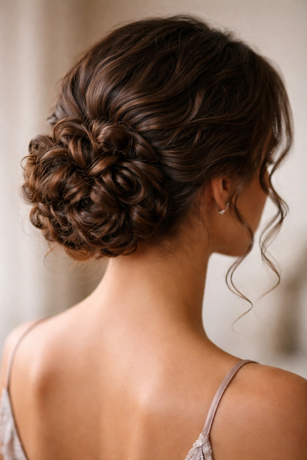 Close-up of a low bun with defined curls at the nape and face-framing curls