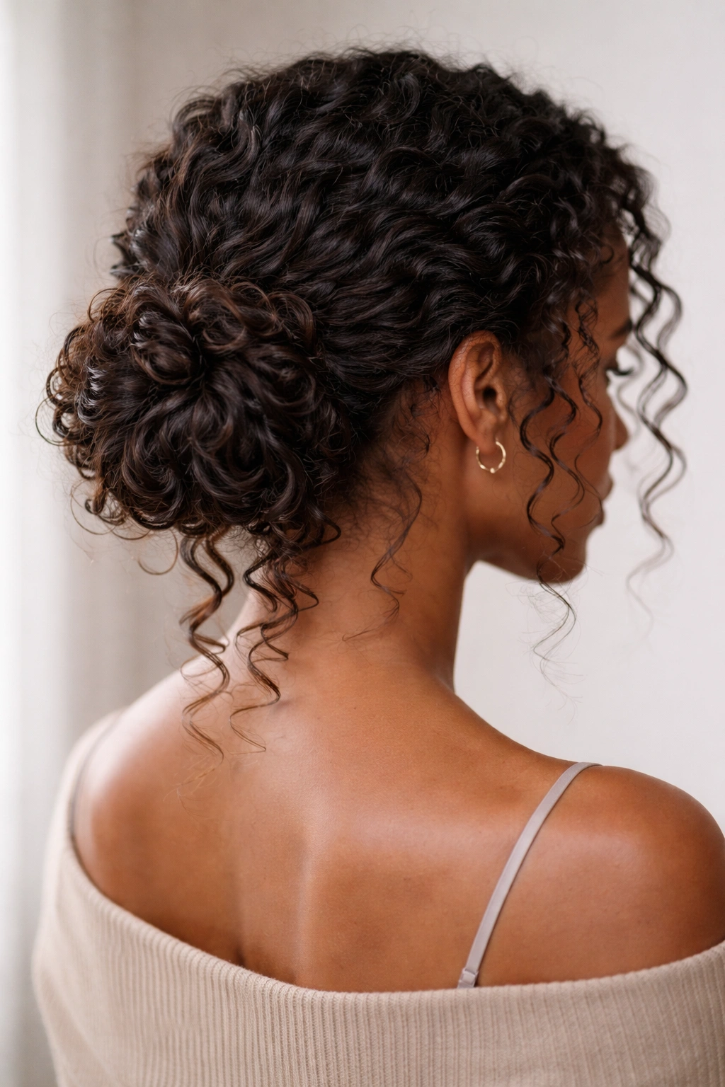 Low bun with textured pulled-through curl pieces around its edge.