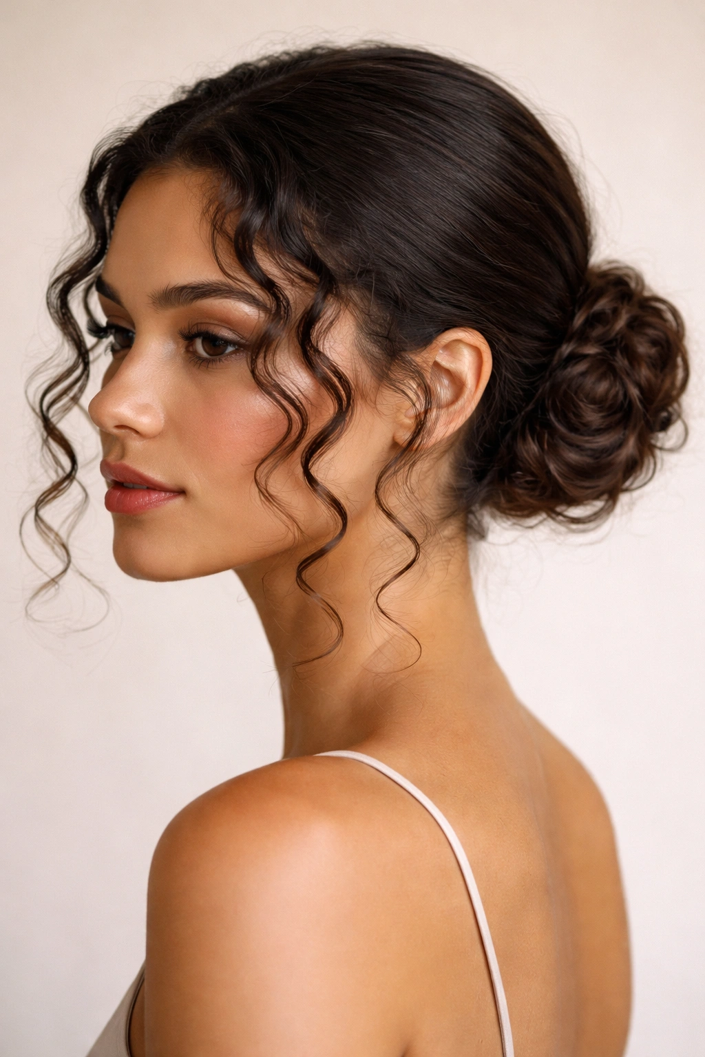 Low bun at nape with curly strands framing the face