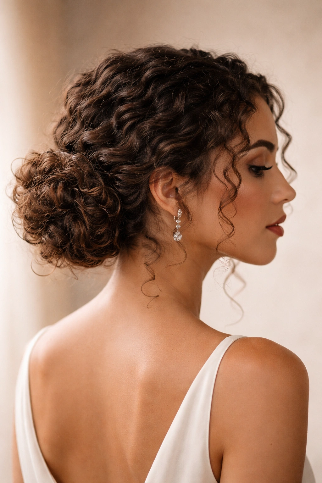 Close-up of a textured low bun with curled layers on curly hair