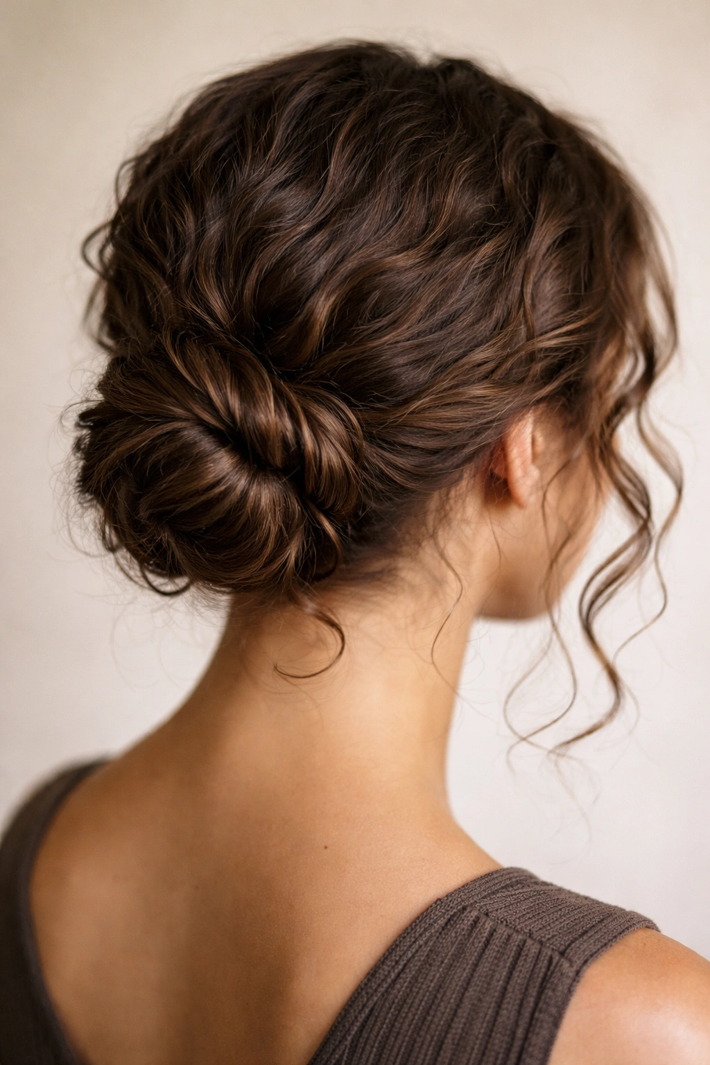 Low bun at the nape with a curl wrapped around the base, showing texture.