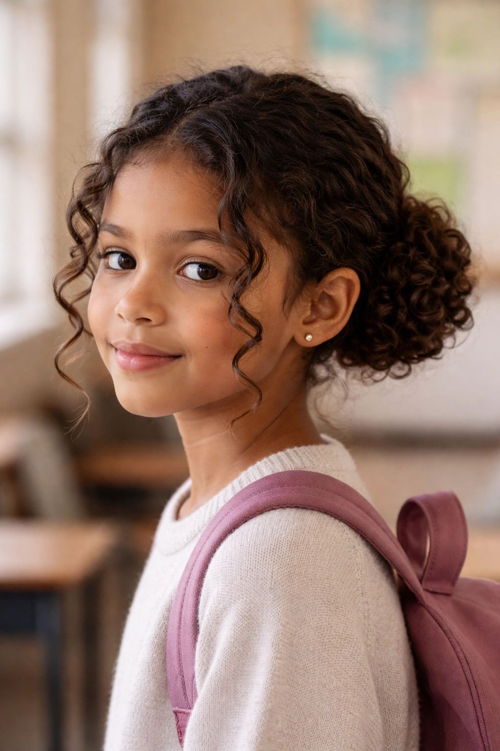 Close-up of a child's curly hair in a low bun with face-framing pieces