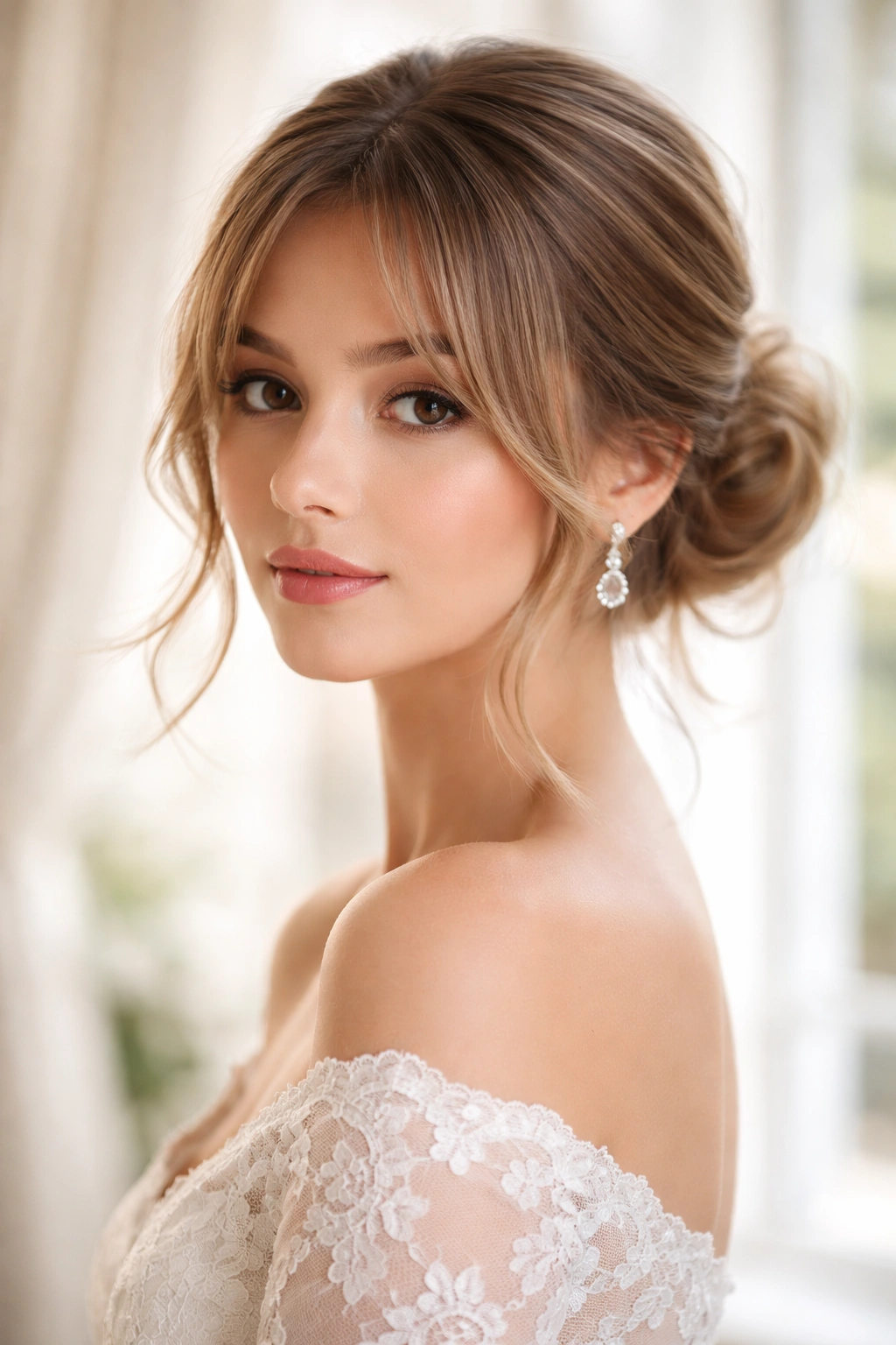 Low bun with delicate curtain bangs framing the face