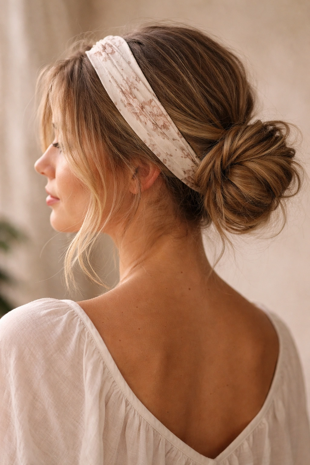 Low textured bun at nape with fabric headband
