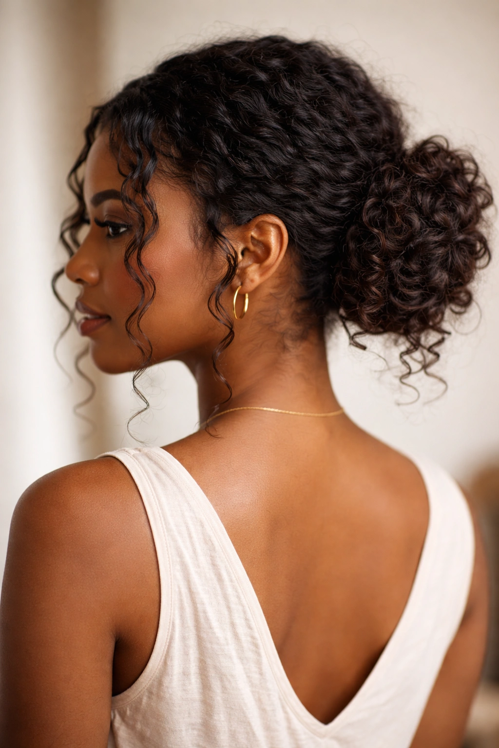 Low textured bun at nape with face-framing curls in soft lighting.