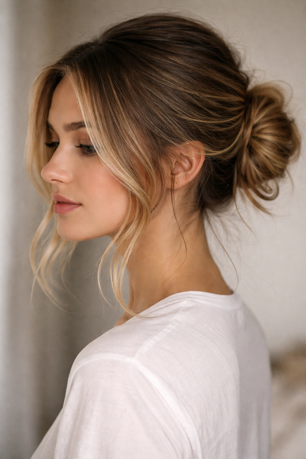 Low bun at nape with face-framing layers
