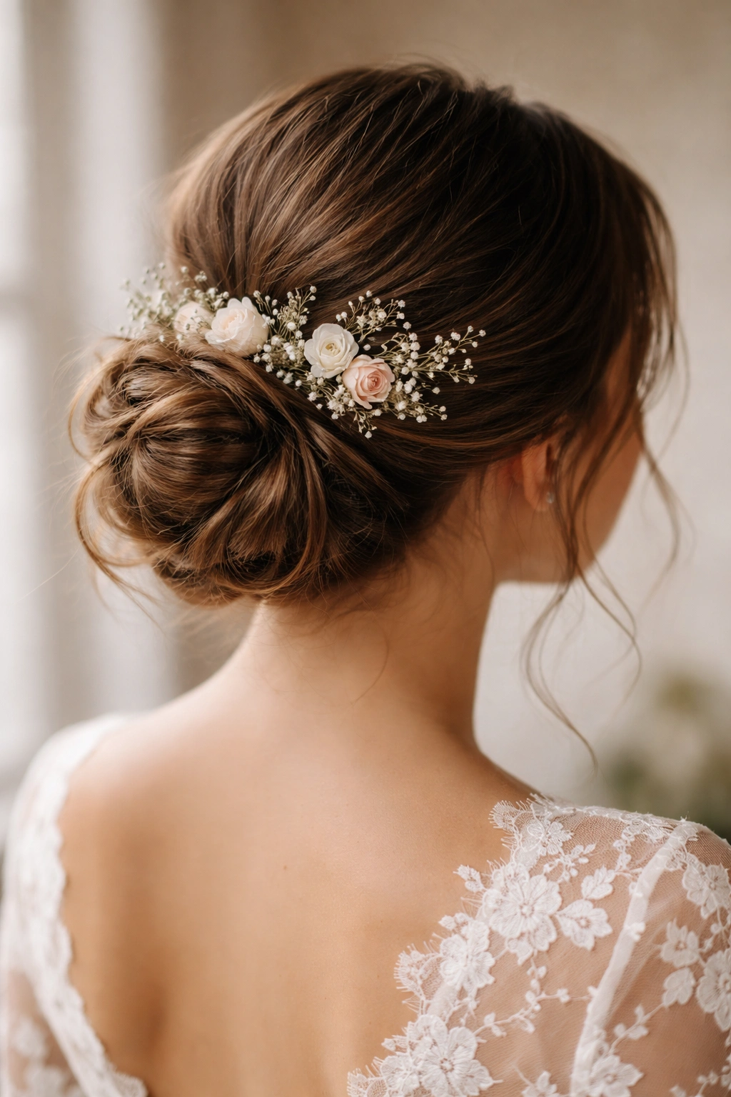 Low bun integrated with a delicate hairpiece or flower crown