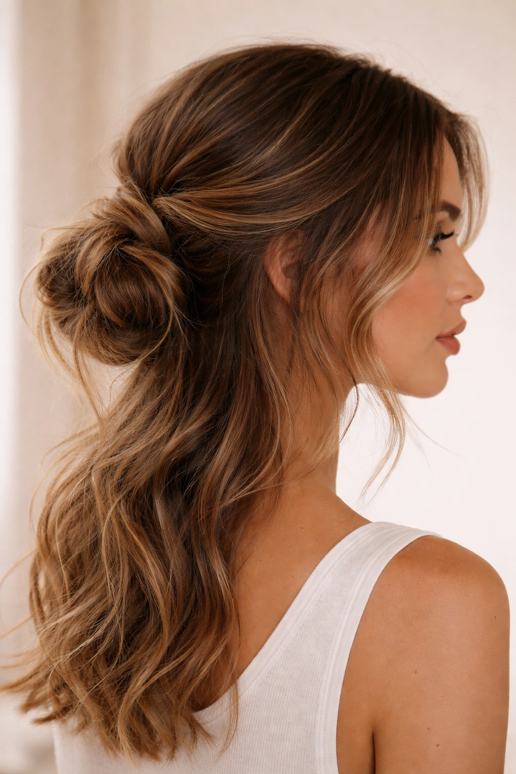 Low half-up bun near the nape with soft waves and face-framing pieces