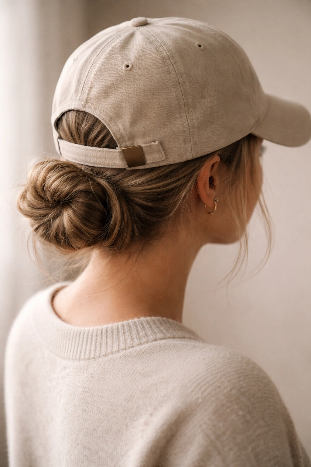 Back of head with a low compact messy bun tucked under a hat, studio lighting