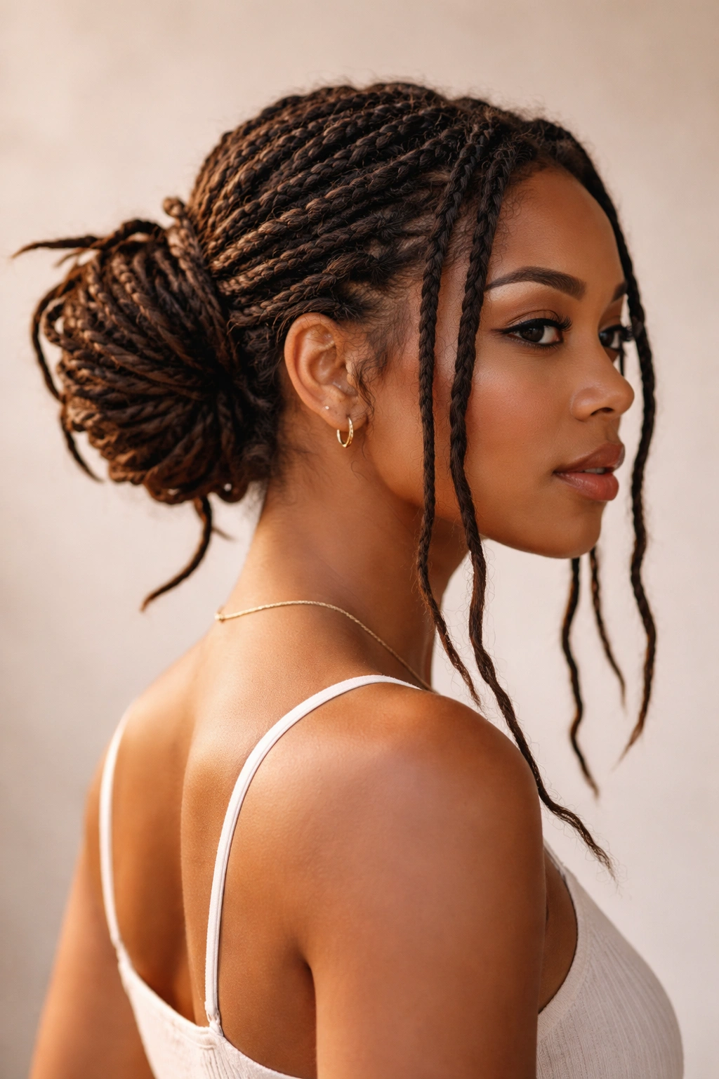Low bun at nape with face-framing locs visible