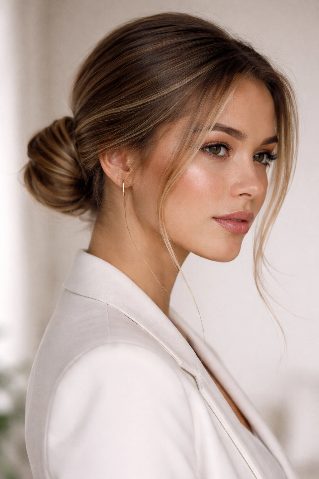 Low bun at nape with defined structure and face-framing loose strands.