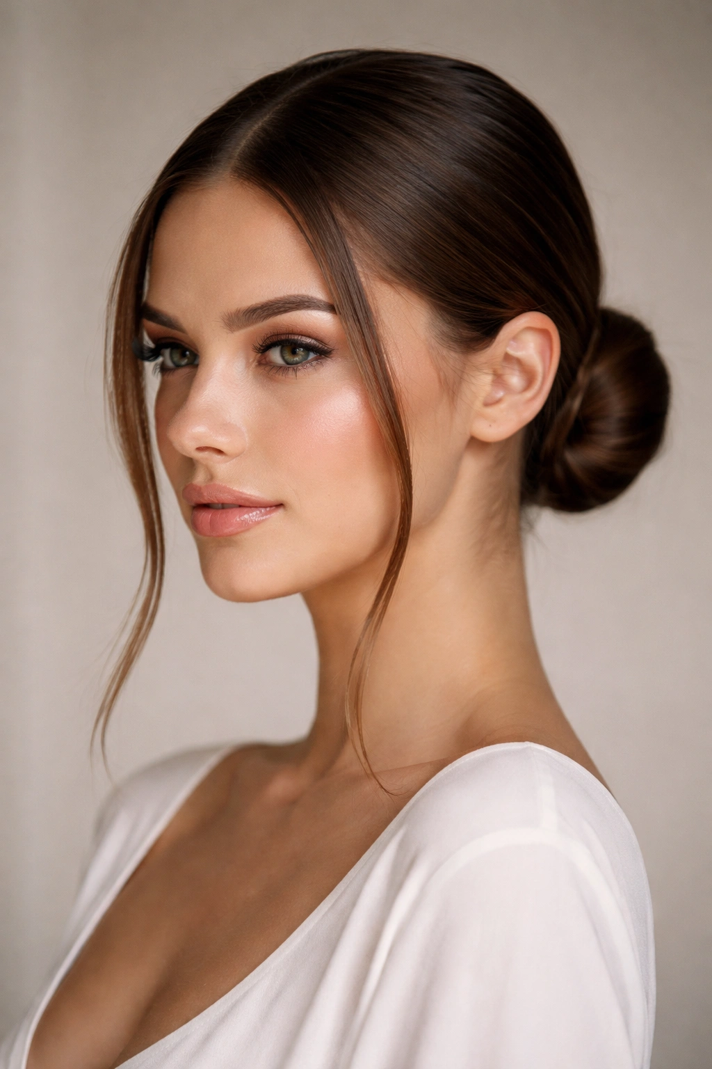 Close-up of sleek low bun with middle part and face-framing strands