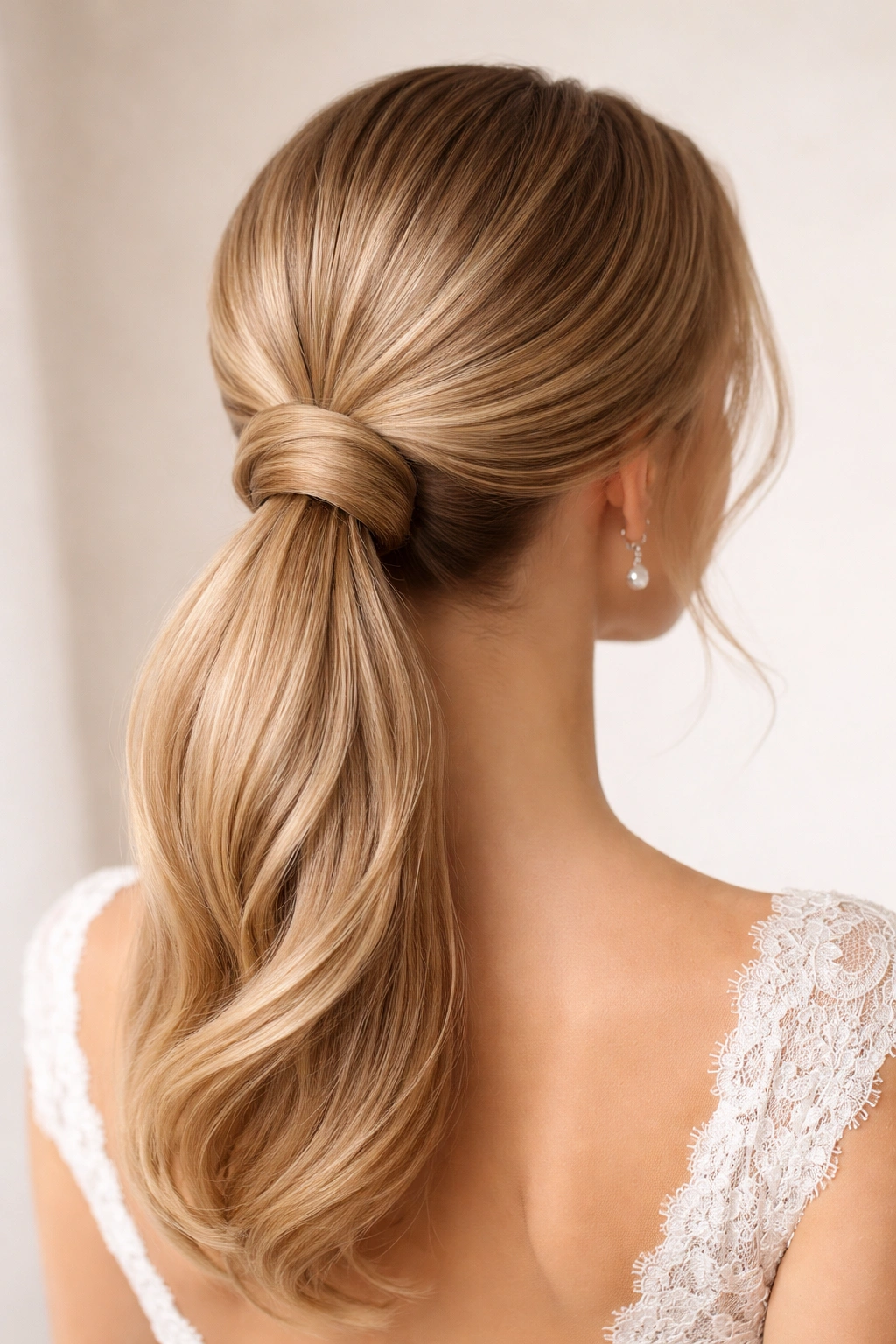 Low ponytail with a sleek bun wrapped at the base.