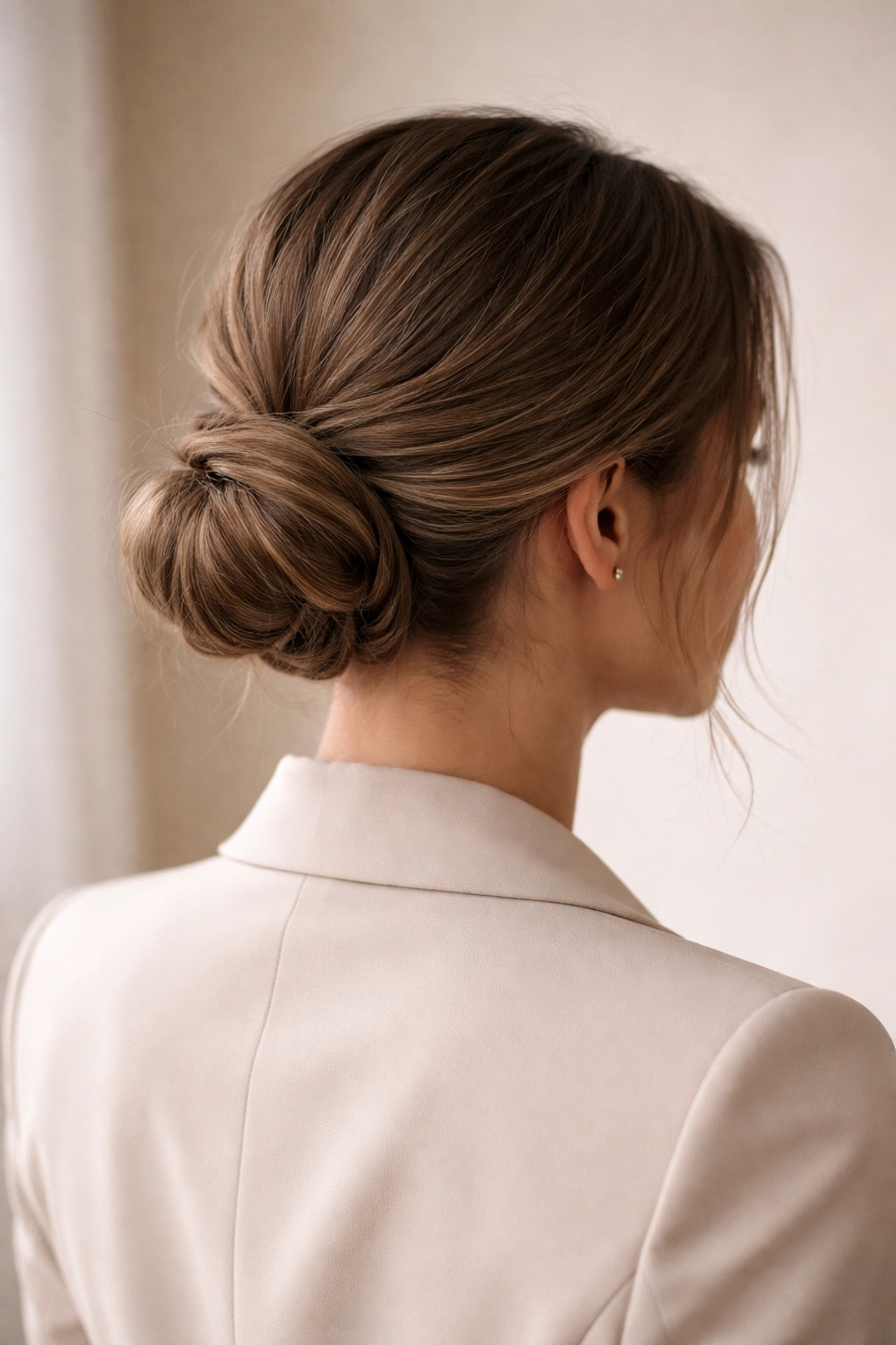 Low messy bun at the nape of the neck with a refined silhouette