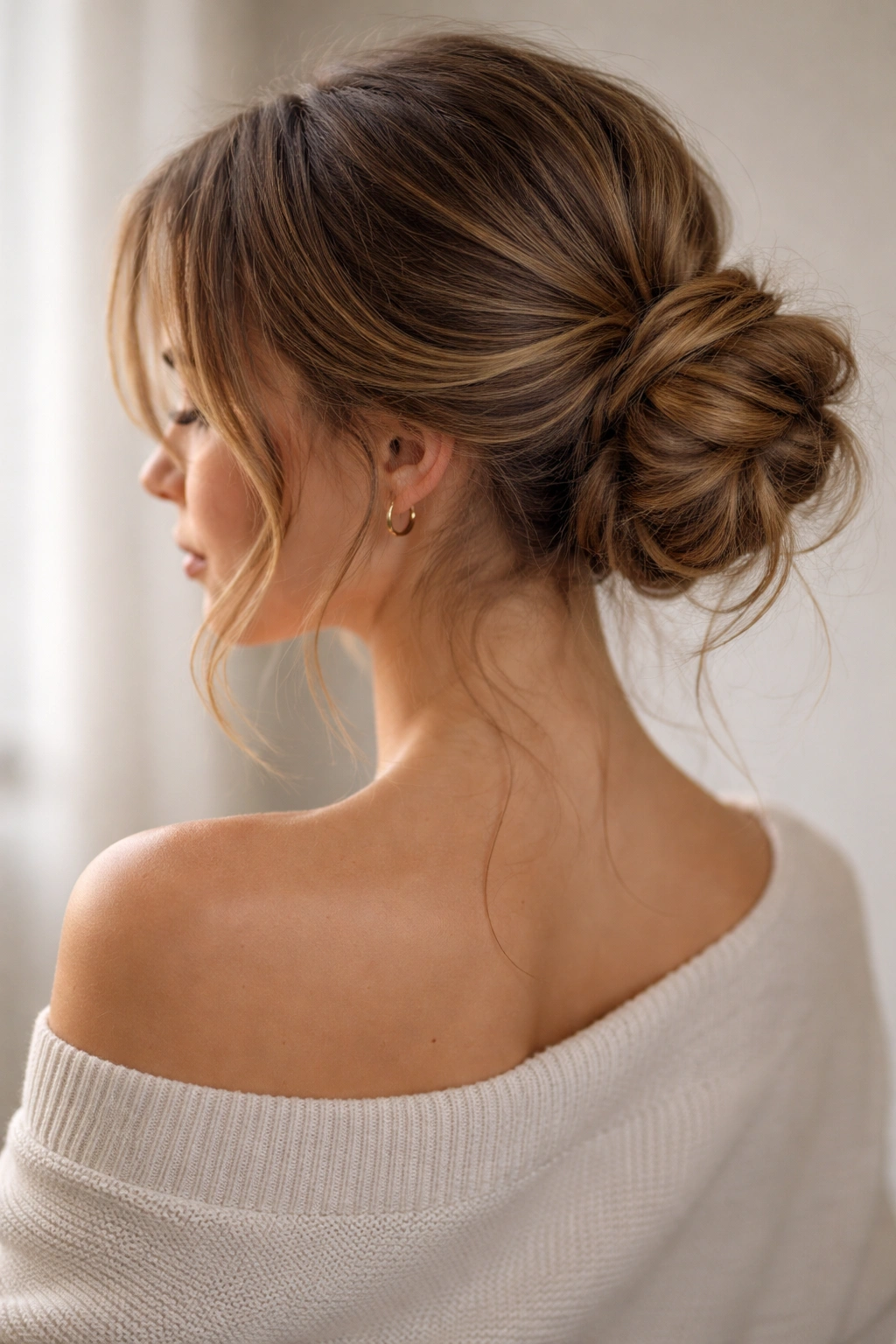 Low nape messy bun with tendrils framing the face