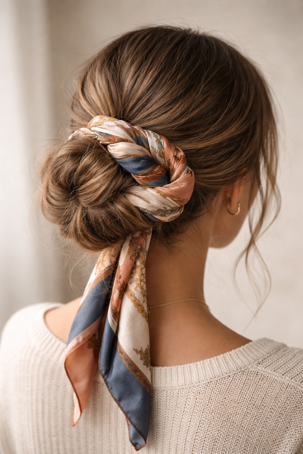 Low nape bun with scarf woven through in a figure-eight