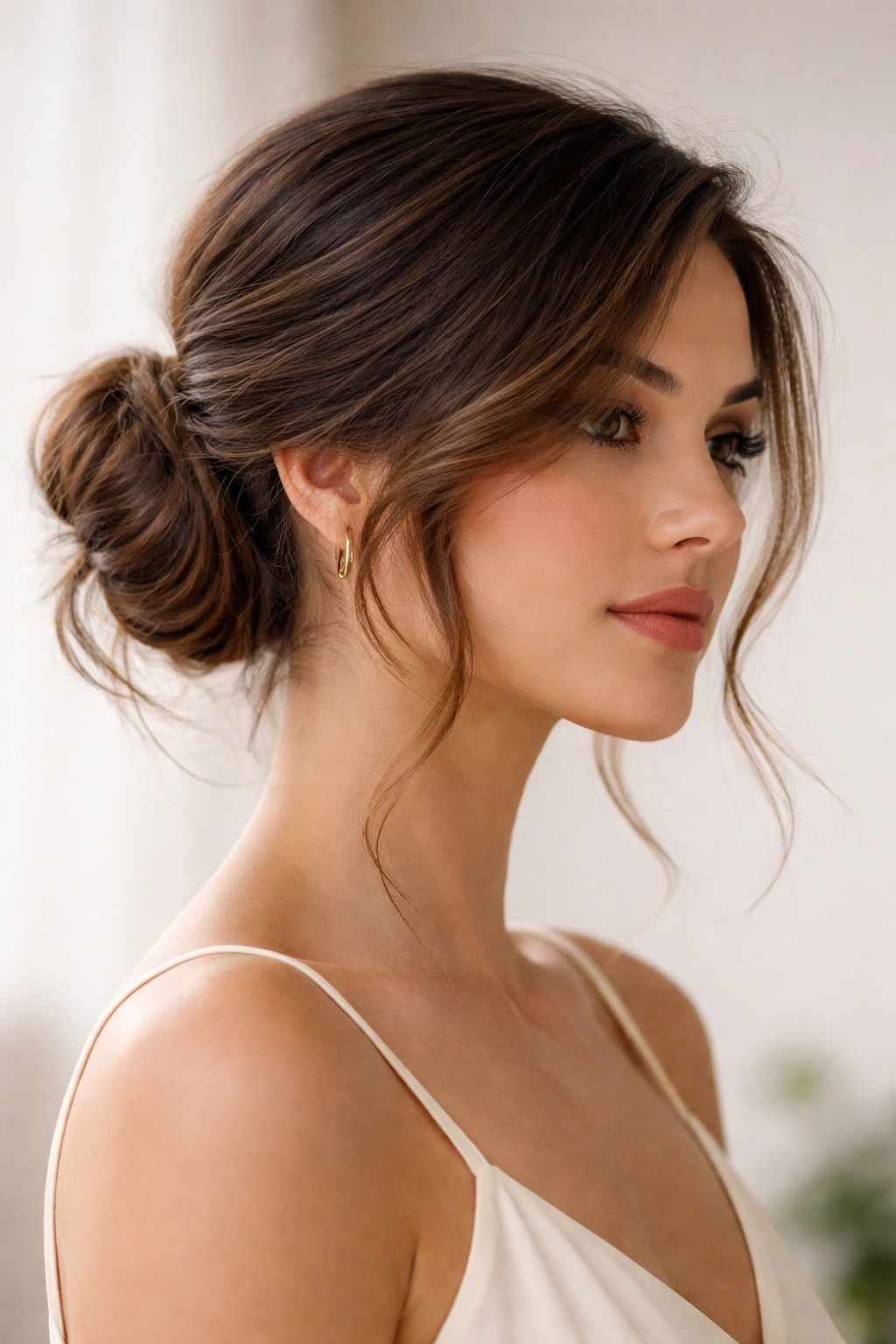 Low bun at the nape with a deep side part and face-framing layers tucked in.