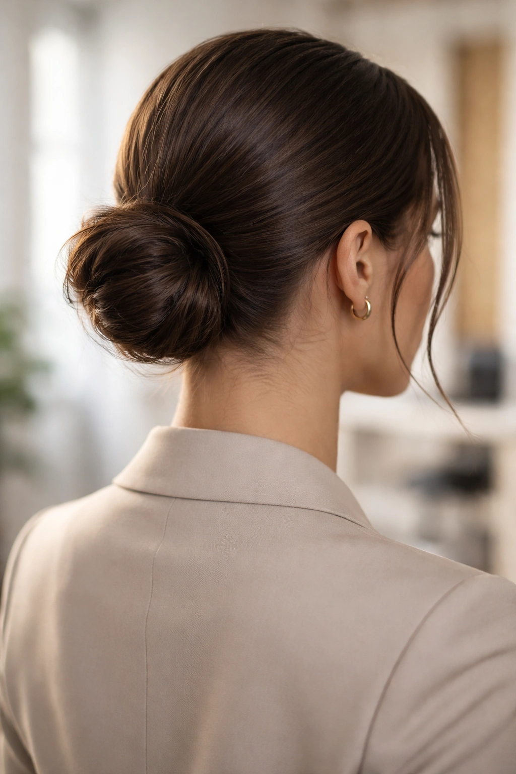 Low bun at the nape with smooth slicked-back hair