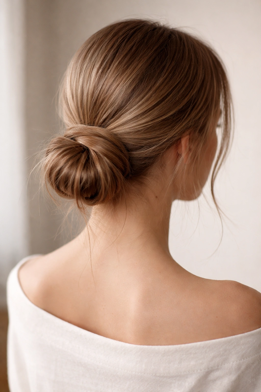Low bun at the nape of the neck with a wrapped twist on straight hair
