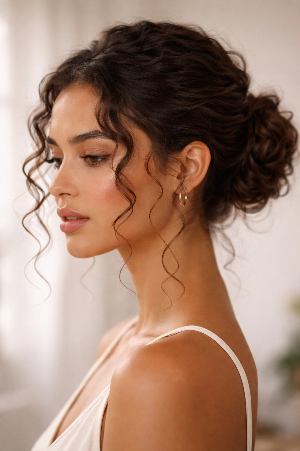 Low bun at the nape with curling tendrils framing the face