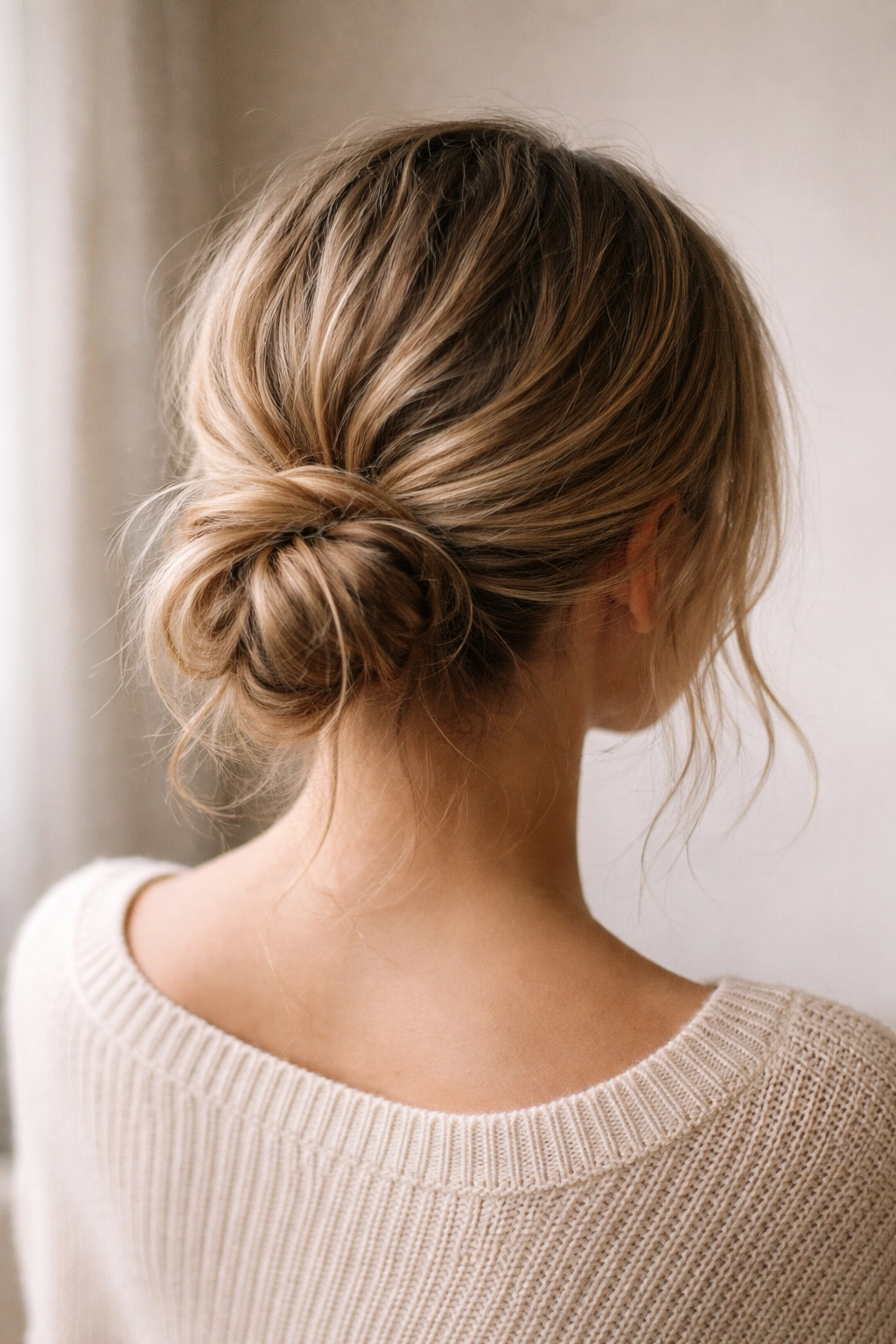 Back view of a low bun with loose texture and teased sections