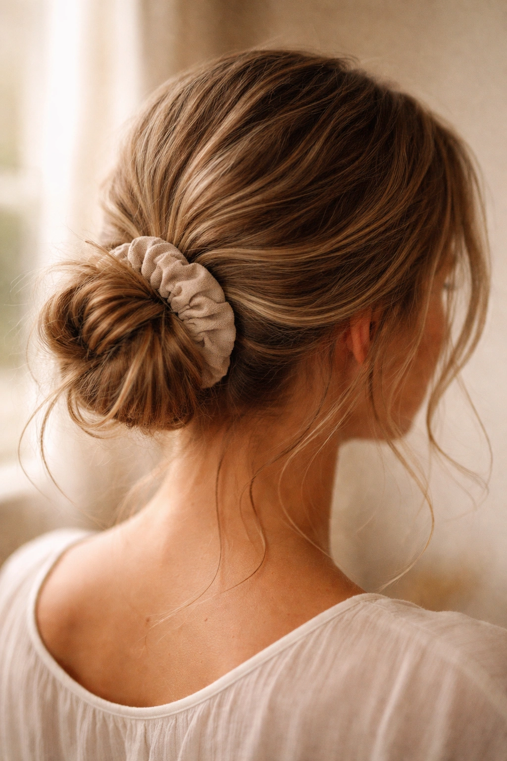 Low textured bun with scrunchie at nape and loose strands.