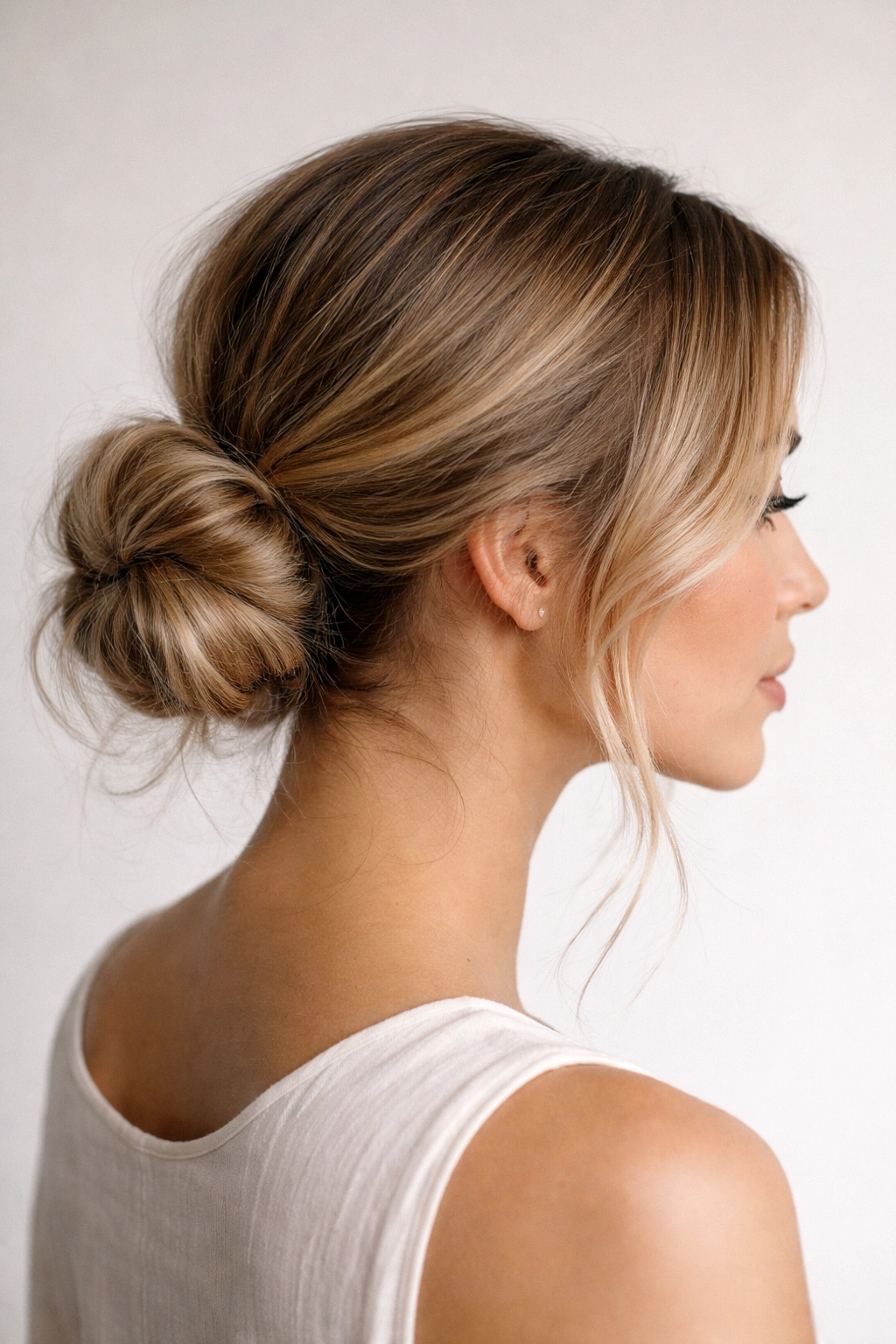 Low bun at the nape with textured second-day hair