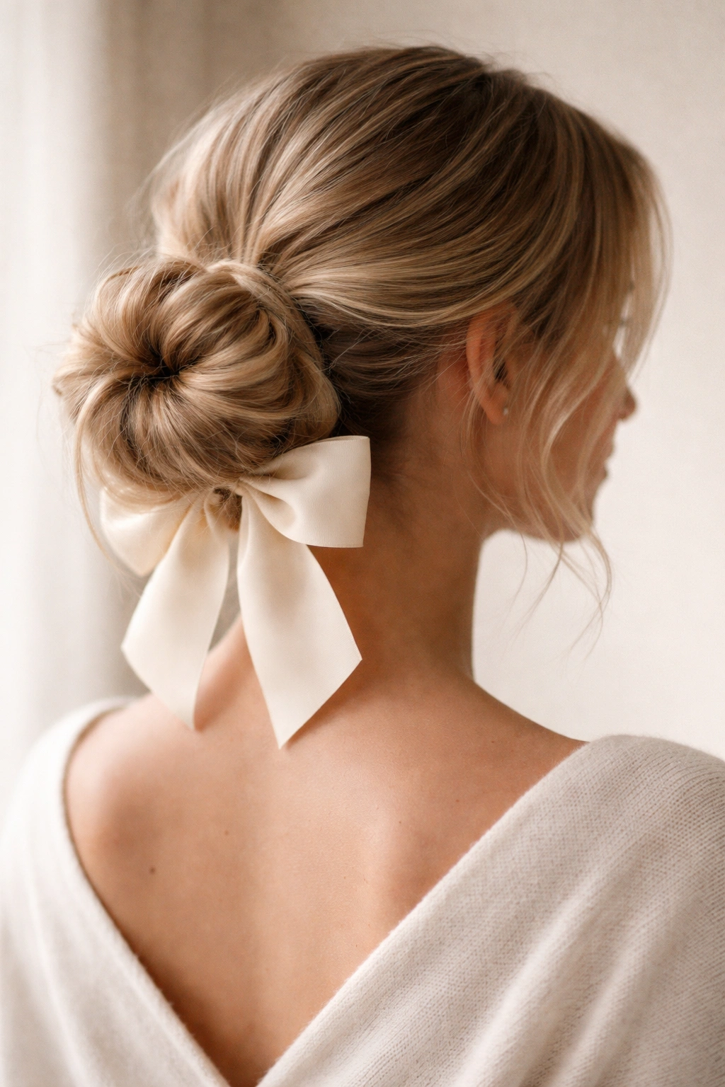 Low textured bun with a bow at the base of the neck