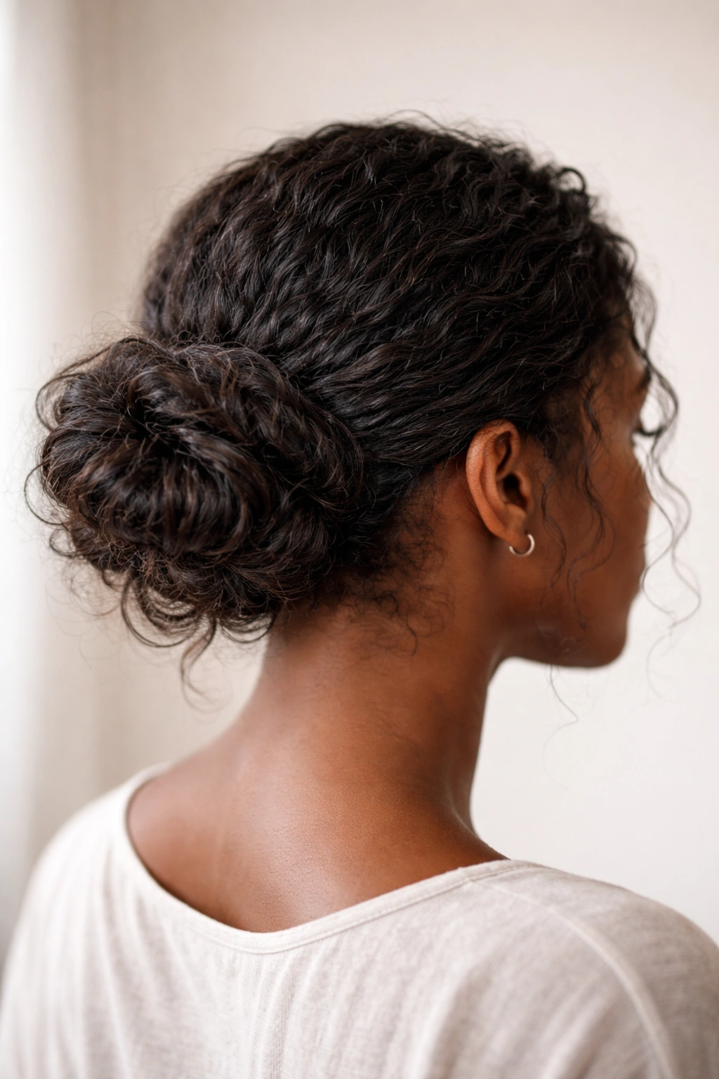 Close-up of The Classic Textured Low Bun at the nape with loose twists and texture