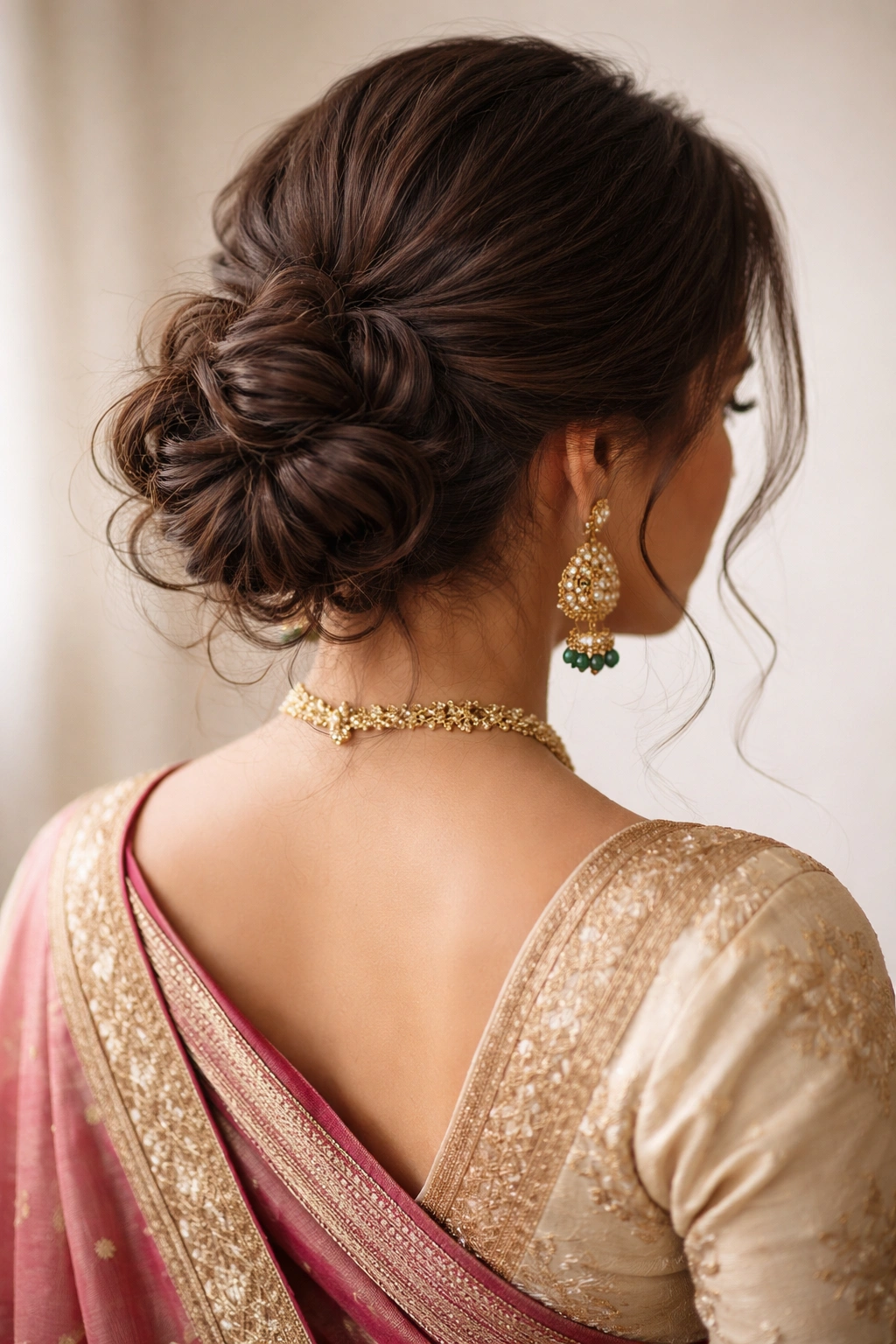 Low textured messy bun at the nape with loose strands