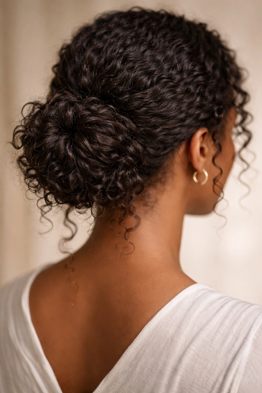 Close-up of a low textured wrap bun at the nape with visible curl coils