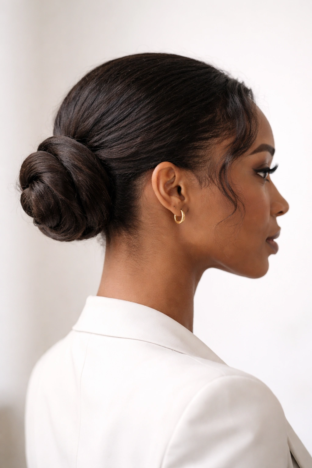 Low twisted bun at the nape with a neat spiral twist and pinned ends.
