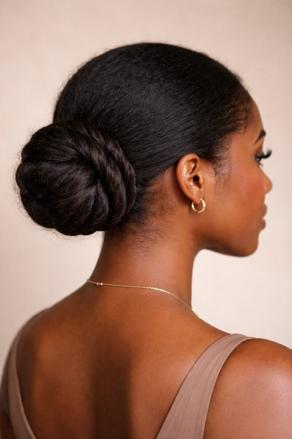 Low bun with twisted detail at the nape in a side view