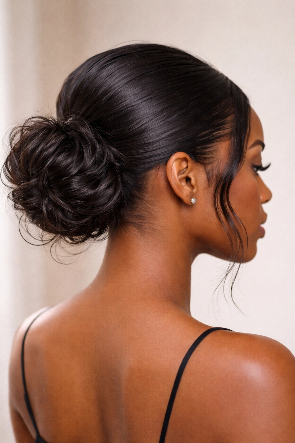 Slicked Low Messy Bun with Volume on Black hair, low crown bun with teased texture