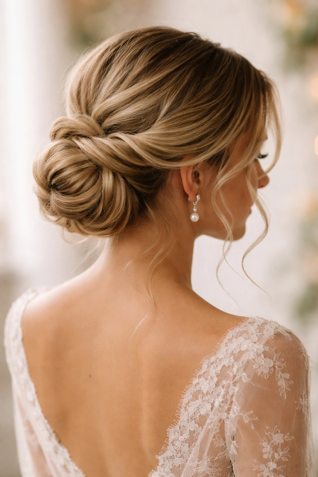 Low bun with twisted sections and soft face-framing waves