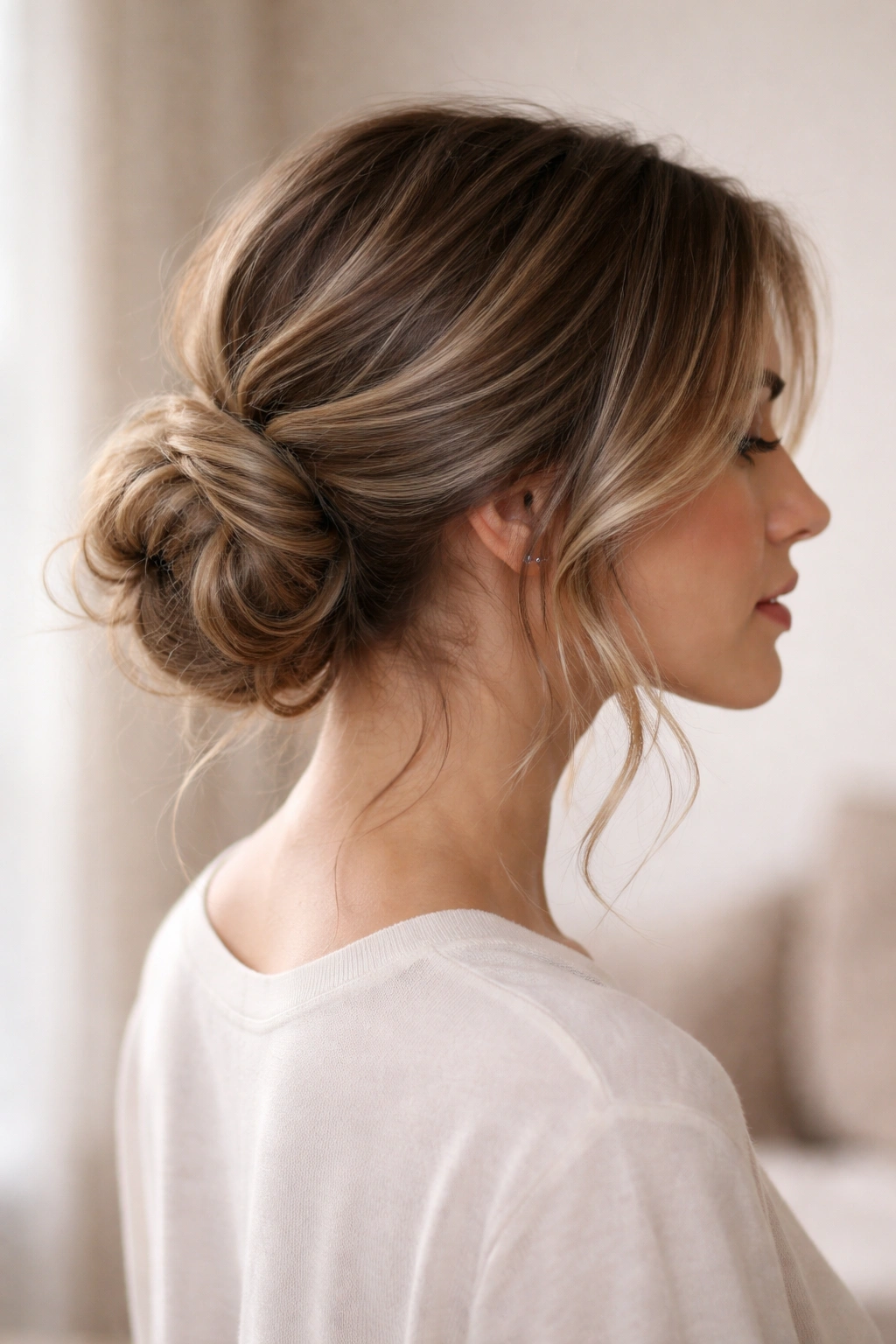 Low bun with loose waves creating density