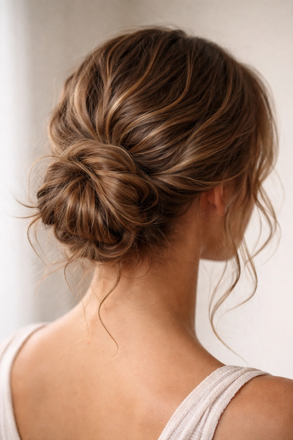 Close-up of a textured wrap-around low bun showing loose twist and visible waves at the nape