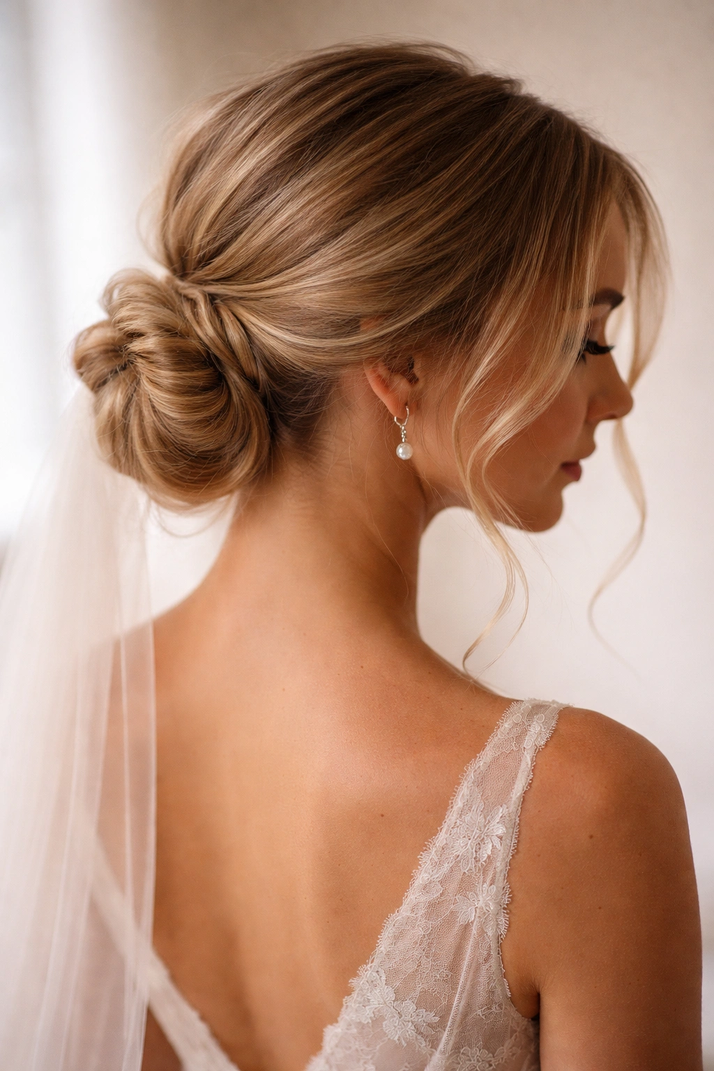 Close-up of a romantic low bun with face-framing wisps at the nape