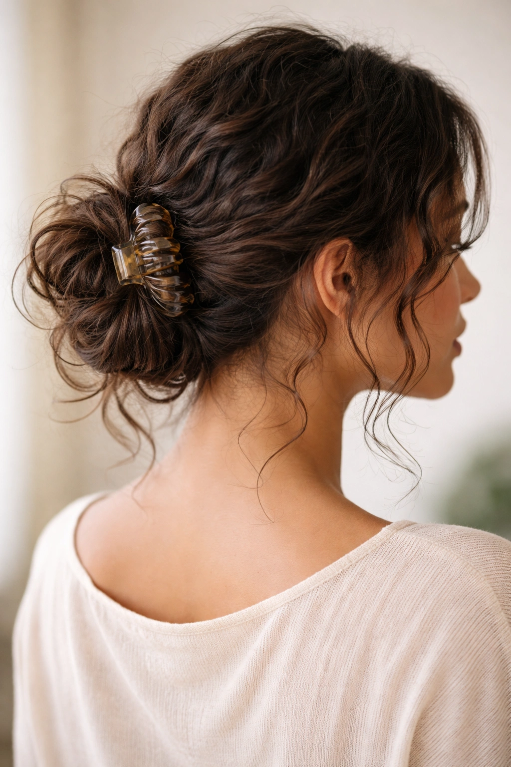 Low nape bun with wispy pieces around the face