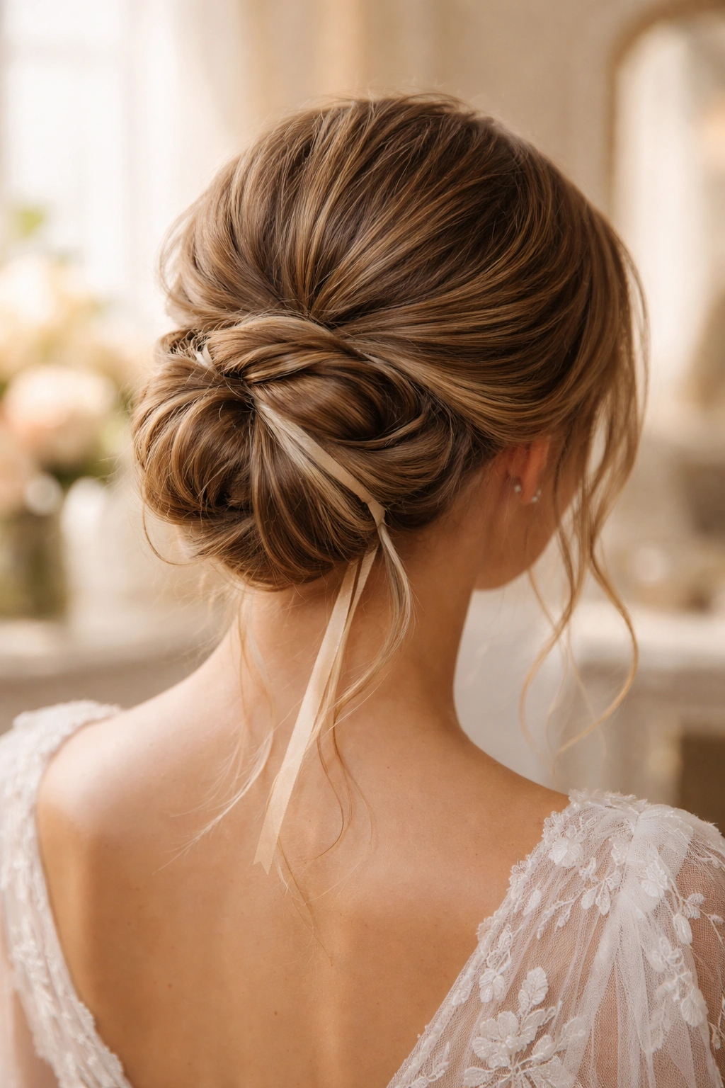 Close-up of a textured low bun with wrapped and woven strands and ribbon accents