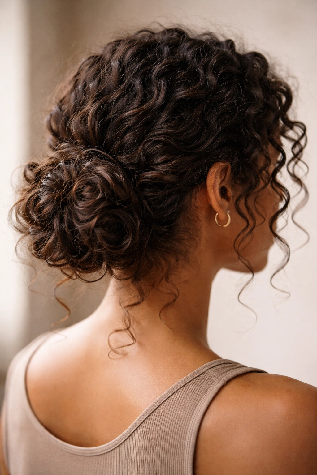 Close-up of a low bun at the nape showing natural curls and texture