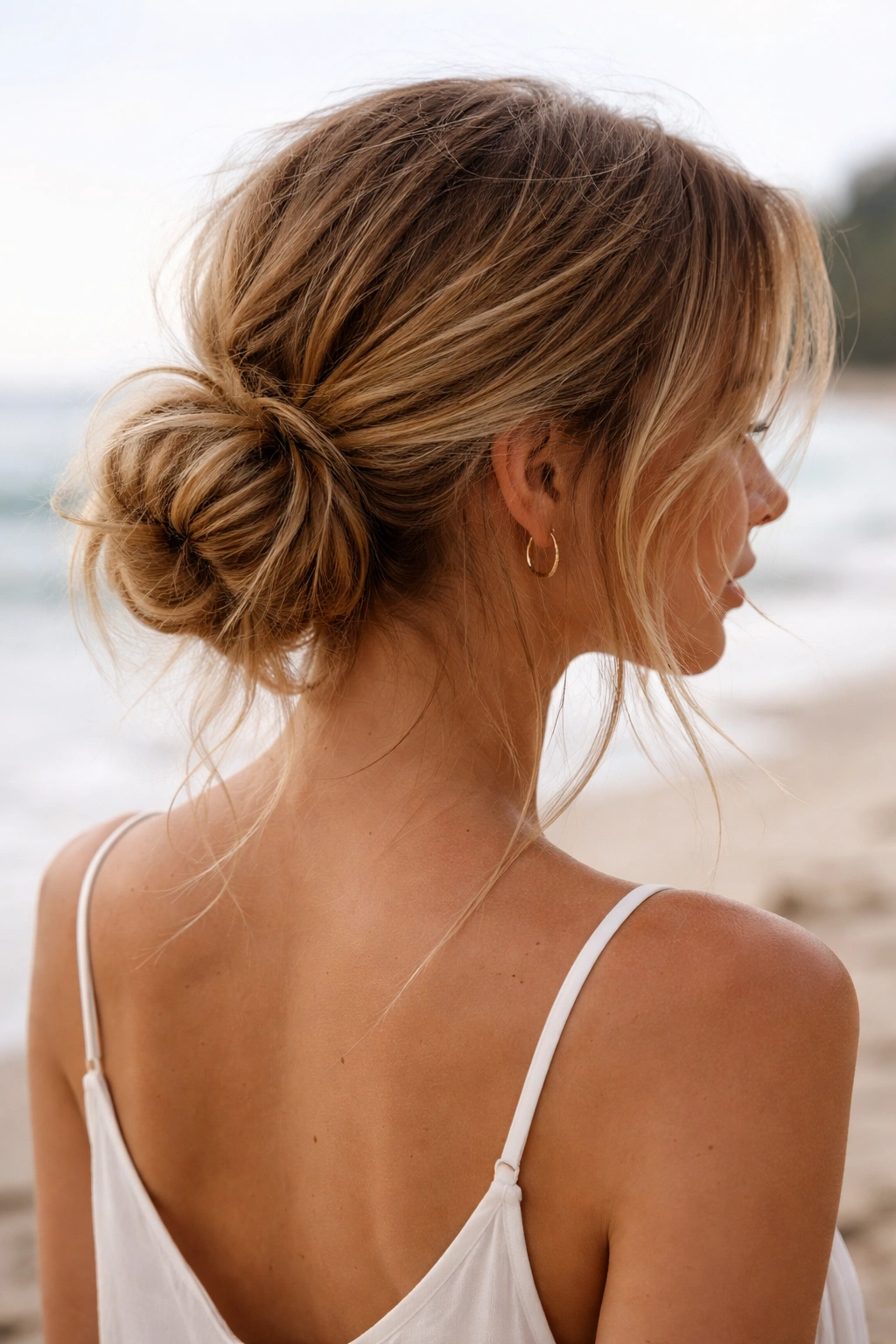 Close-up of a loose low chignon with face-framing strands on the beach