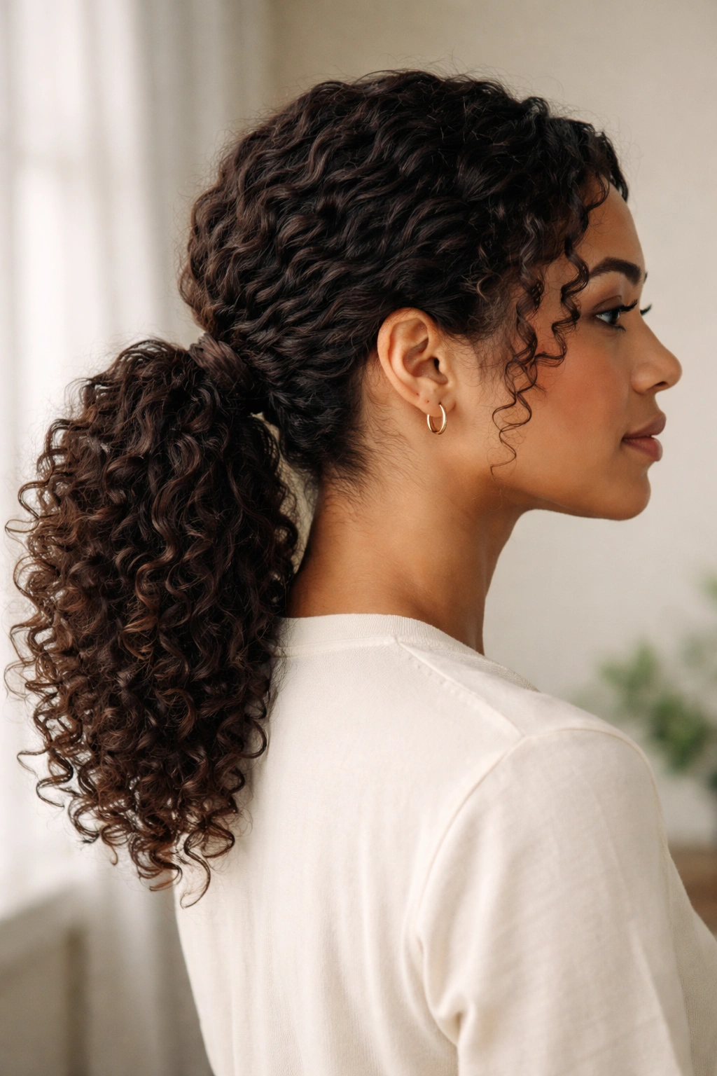 Low curly ponytail at the nape with wrapped base