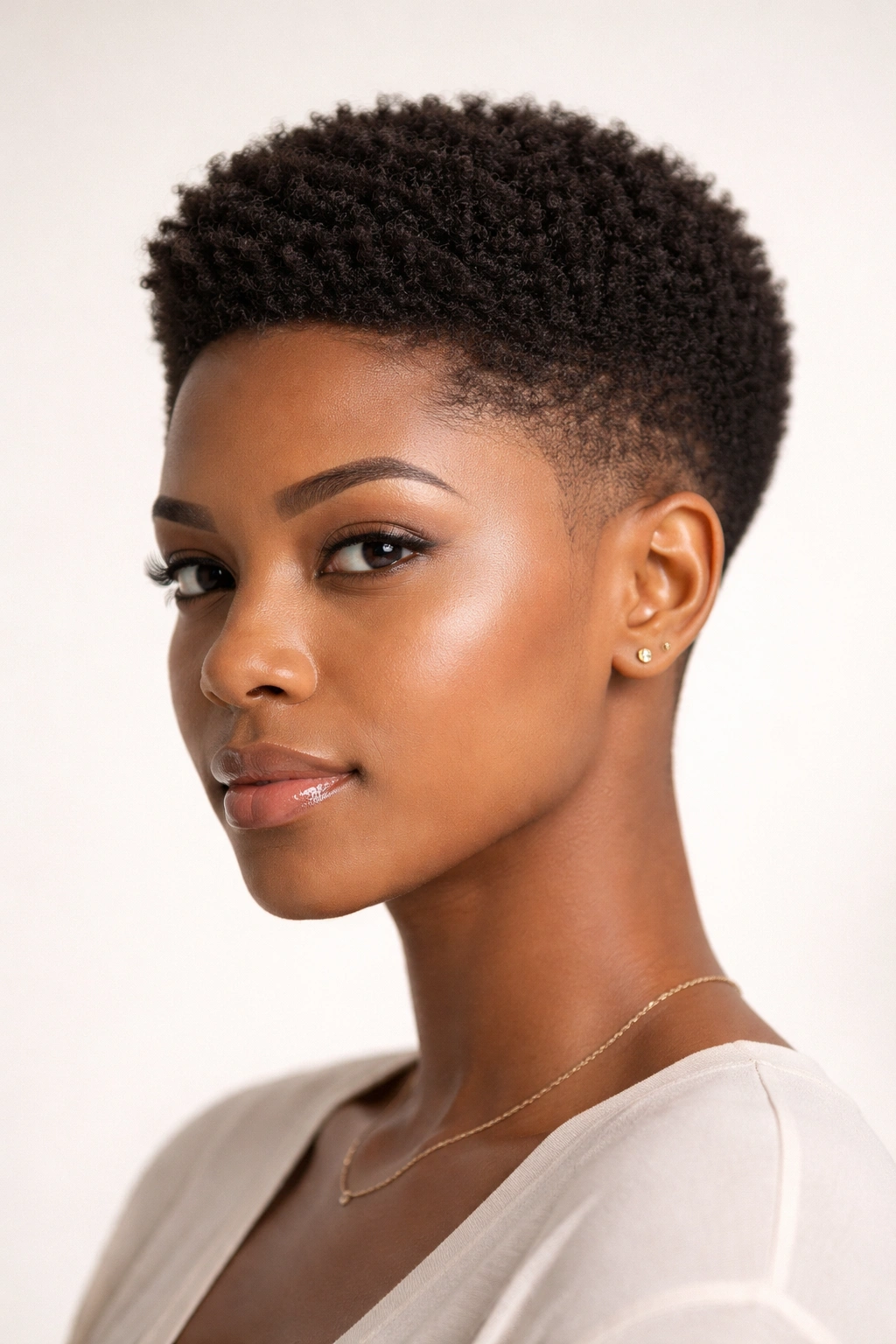 Three-quarter view of a low-cut tapered afro with a short crown and subtle taper