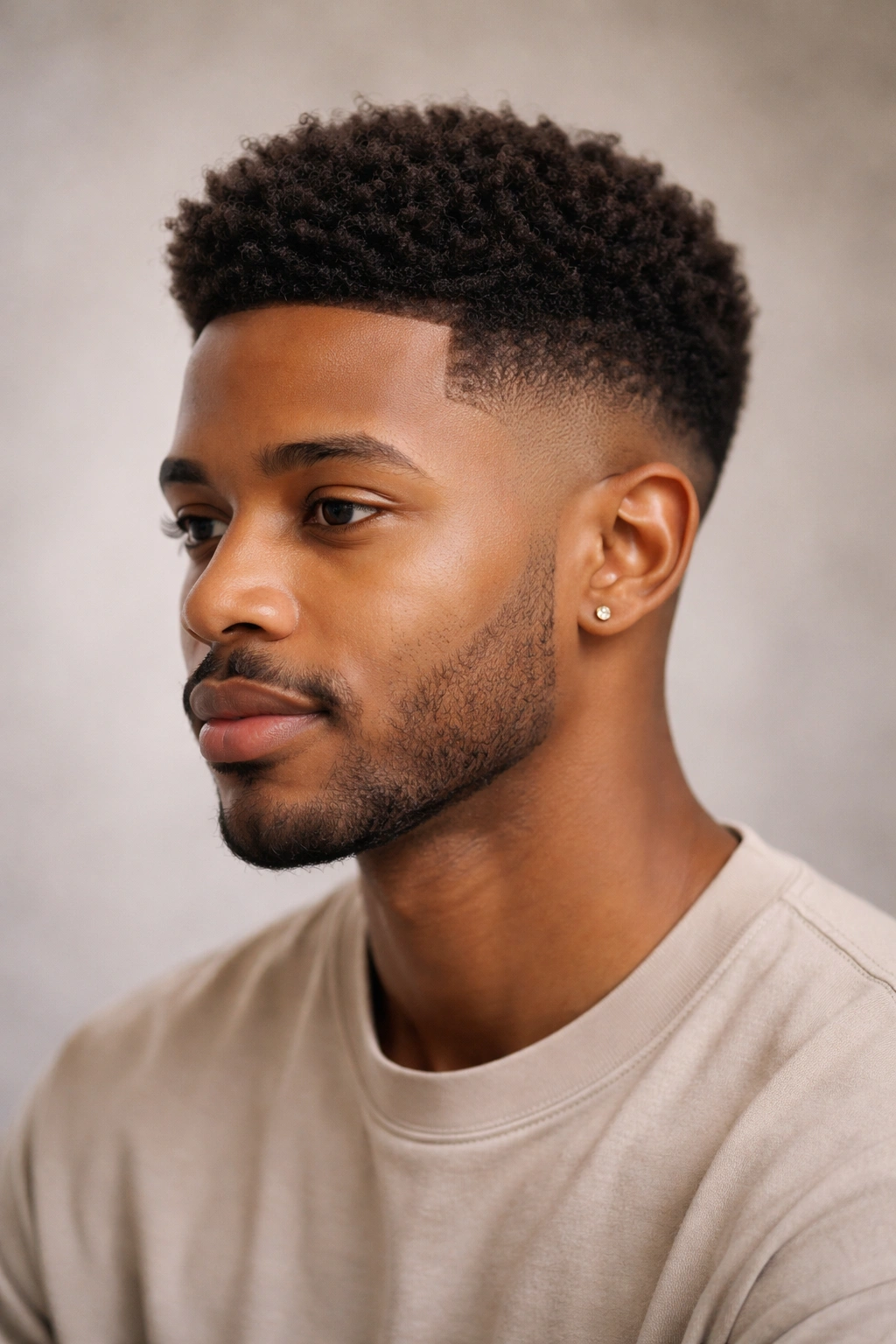 Portrait of a person with a low fade and natural textured top.