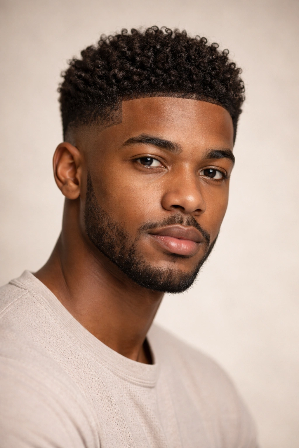 Portrait highlighting crown-defining curls with a low fade