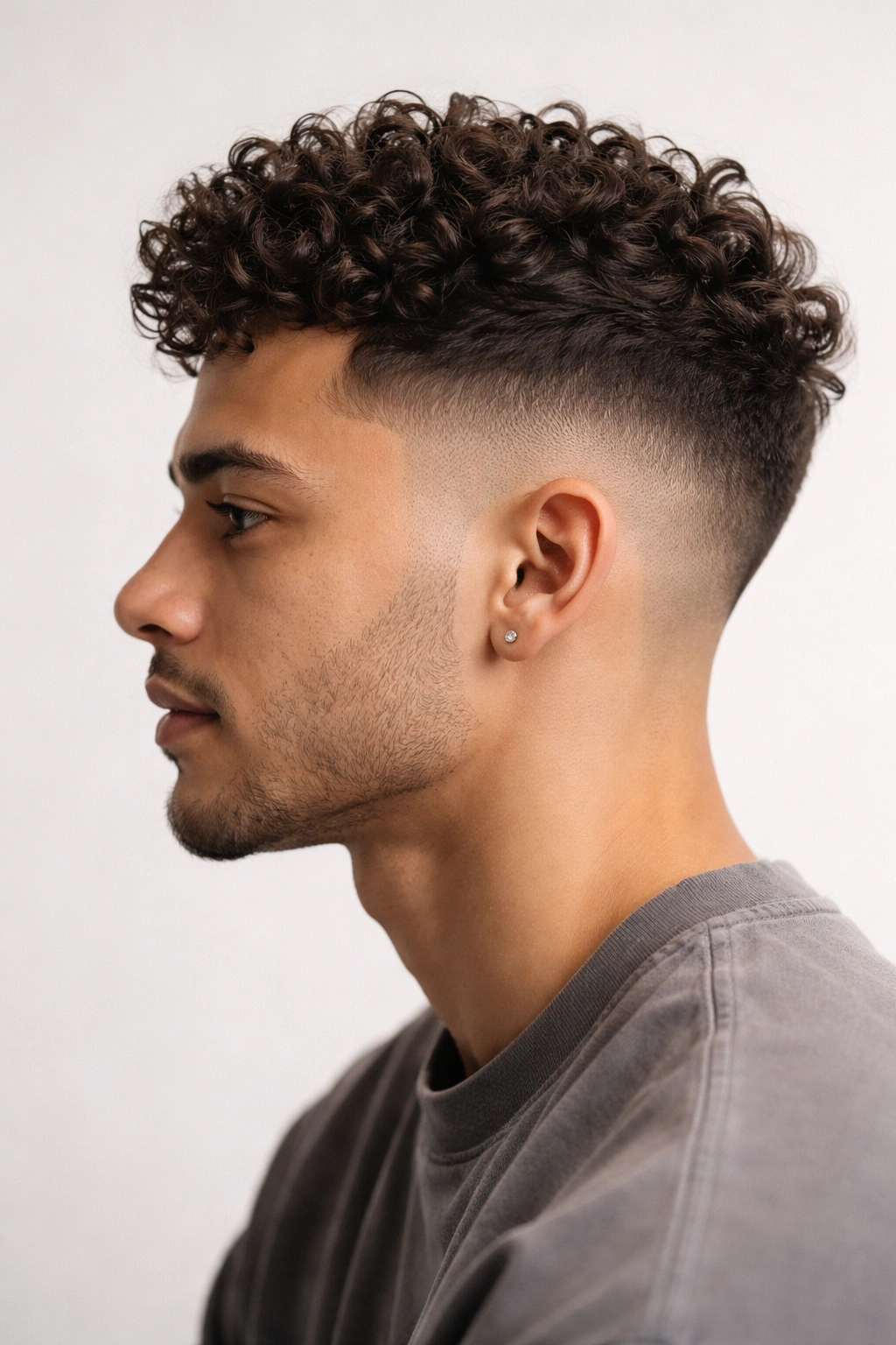 Low fade with curls on top, high-contrast hairstyle.