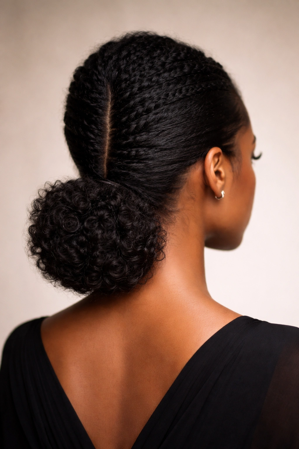 Back view of a low faux hawk bun with a full center and smooth sides.